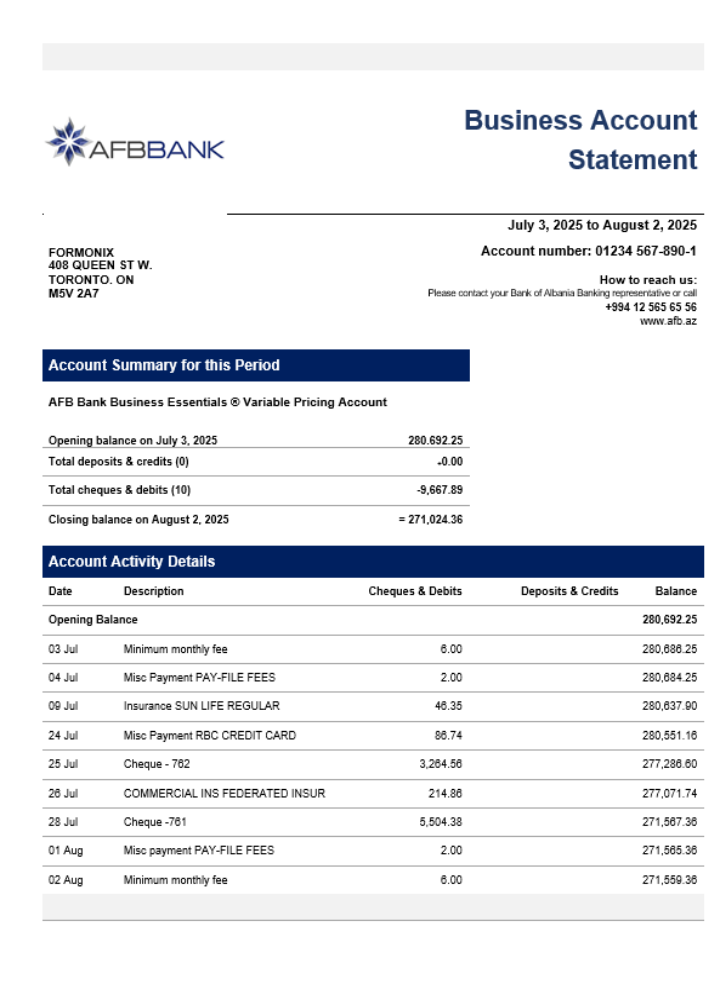 Relevé bancaire du compte de l'entreprise commerciale AFB Format Word et PDF